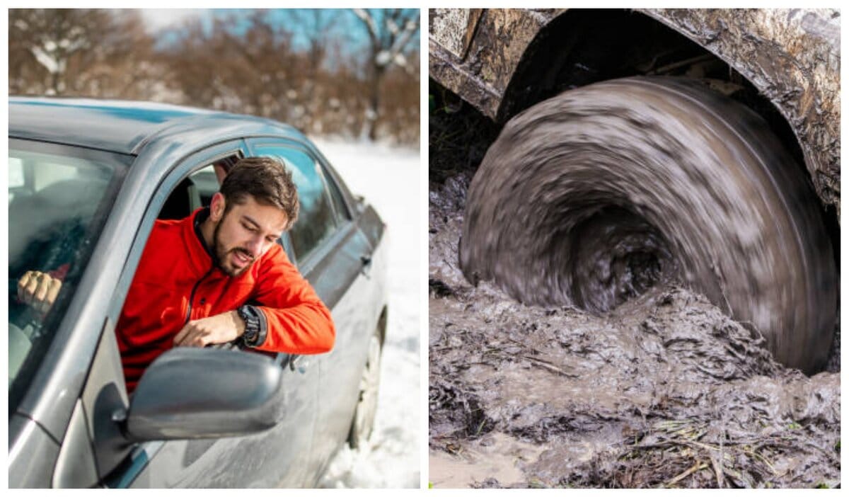 машина-автомобіль-застряг-багно-сніг-водій